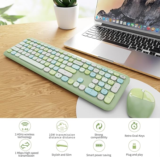 Wireless Keyboard and Mouse Combo Colorful Ergonomic Full Size Retro Low-Noise Keyboard with Cute keycaps Compatible with Windows PC Perfer for Home and Office Keyboards (Green)