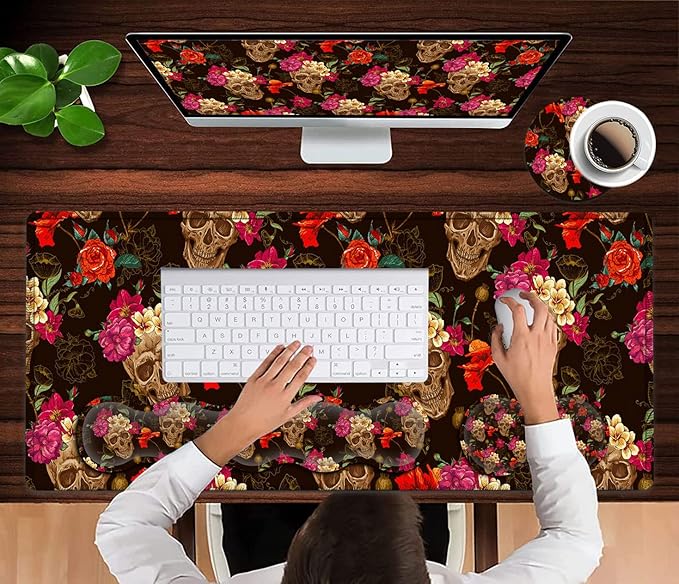 Black Mouse PadKeyboard Mouse Pad SetExtended Gaming Mouse Pad + Memory Foam Keyboard Wrist Rest Support Rose Flower Skull Office Desk Mat Writing Pad Easy Typing XXL Large Mousepad Desk Mat