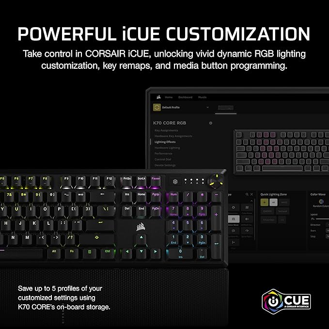 CORSAIR K70 CORE RGB Mechanical Wired Gaming Keyboard with Palmrest – Pre-Lubed MLX Red Linear Switches SOCD ABS Double-Shot Keycaps Sound Dampening Media Control Dial QWERTY NA – Black