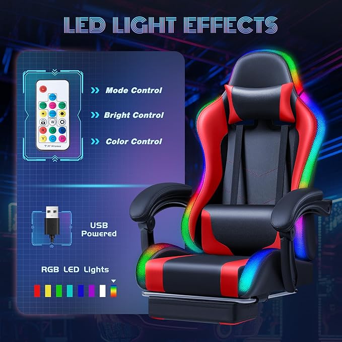 Furmax Gaming Chair with RGB LED Lights Video Game Chair with Footrest and Massage Lumbar Support High Back Reclining Computer Chair with Headrest Swivel Seat Gamer Chair (LED Red)
