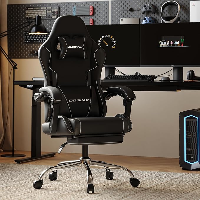 Gaming Chair with Footrest &amp Massage Lumbar Ergonomic Computer Chair 330lbs with Headrest Pillow for Office Home Streaming and Long Gaming SessionsDark Black