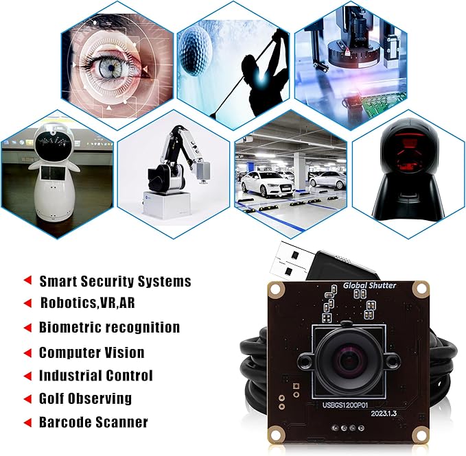 SVPRO Global Shutter USB Camera Module 90fps High Speed Webcam Board 1920x1200 2MP AR0234 UVC Webcam Module with Distortion Free M12 Lens for ComputerSlow Motion Board Camera for Golf Swing