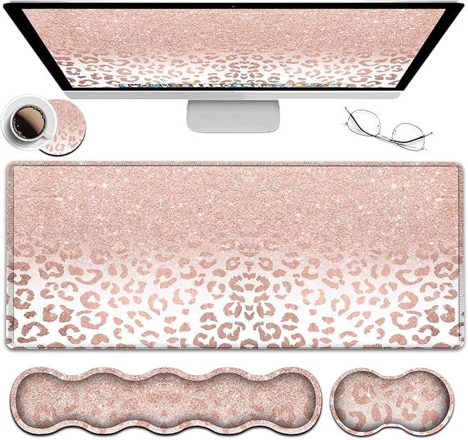 Large Mouse Pad and Gel Mouse Wrist Rest+ Memory Foam Keyboard Wrist Rest Support Set Non-Slip Rubber Base for OfficeHomeComputer Extended Gaming Mousepads XXL Leopard Star Pattern Pink Desk Mat