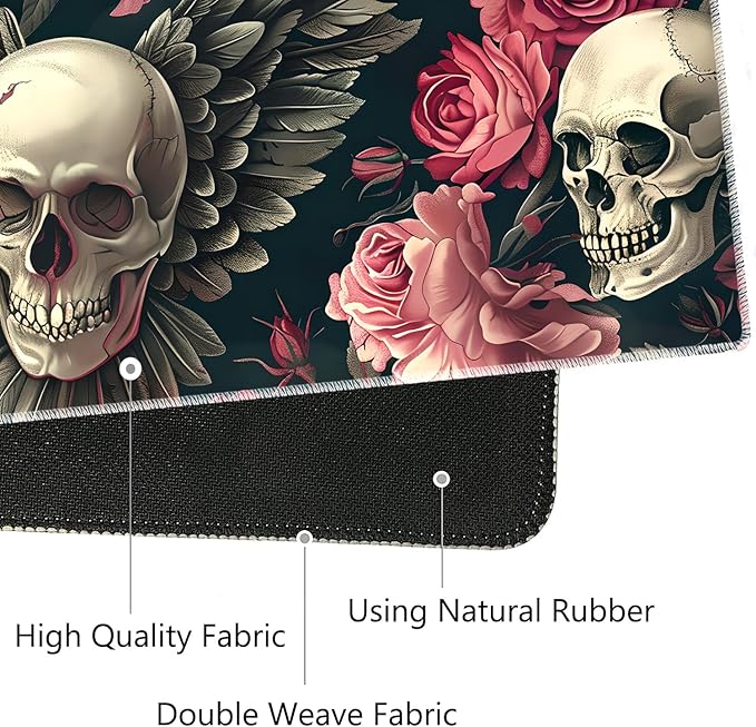3-in-1 Large Mouse Pad Gaming Set (31.5 x 11.8 inch)+ Wrist Rest Pad + Coaster Memory Foam Gel Wrist Rest Pad for Pain Relief Stitched Edges Non-Slip Table Mat Rose Winged Skull