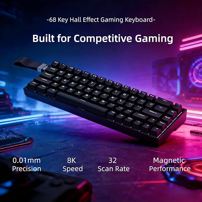 65% Mechanical Gaming Keyboard (68 Keys) 8K Hz Hall Effect Magnetic Switch 0.01mm Adjustable Actuation Rapid Trigger RGB Backlit Wireless/Wired Compact Keyboard for Gaming (Black)