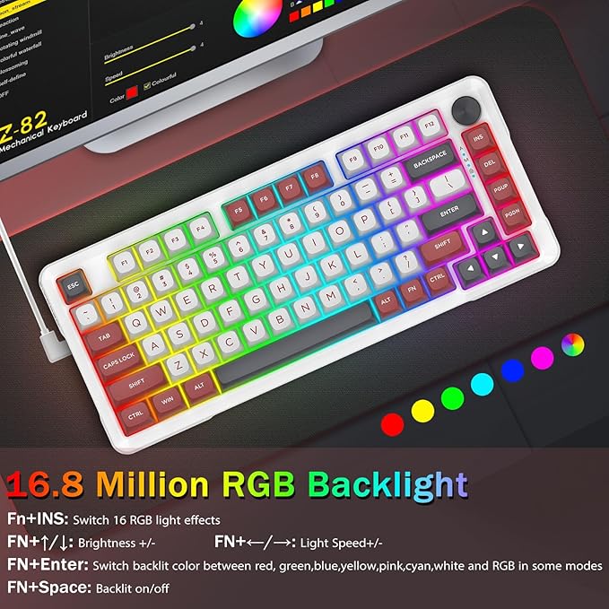 E-YOOSO 75% Wired Mechanical Gaming Keyboard Creamy Sound Hot Swappable Pre-lubed Linear Switches Gasket Structure Knob Control RGB Backlit Compact Custom for PC White/Red