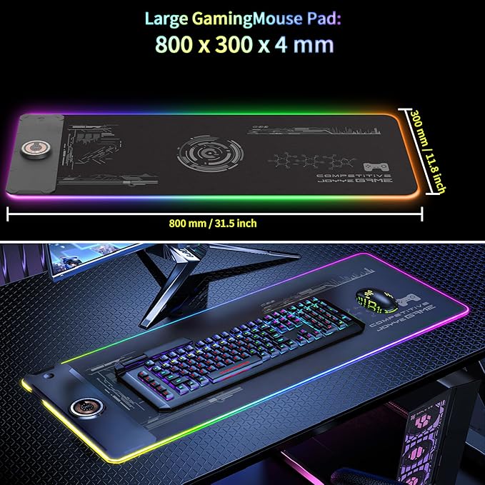Large Gaming Mouse Pad with Magnetic Wireless Charger 15W Fast Charging RGB Light LED Mousepad Desk Mat Smooth Surface Anti-Slip Rubber Base Keyboard Pad for Gaming MacBook PC Laptop - Black