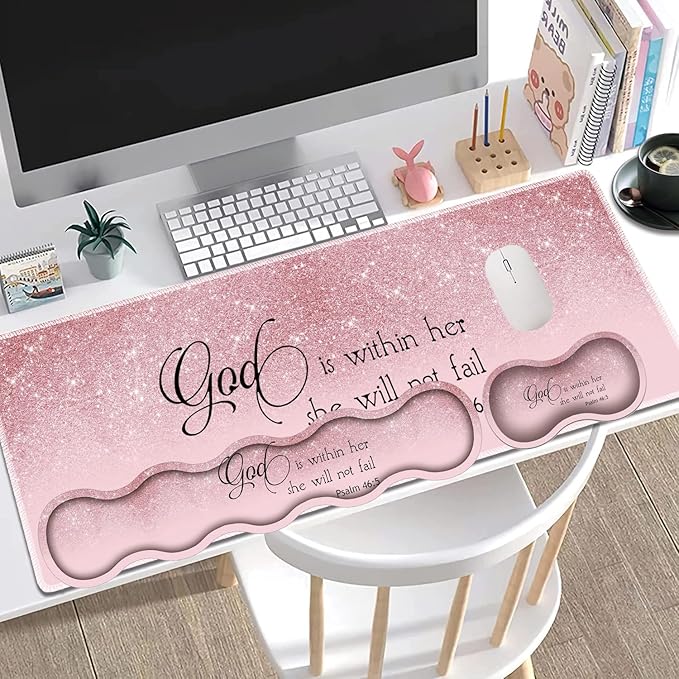Large Gaming Mouse Pad + Keyboard Wrist Rest + Wrist Support + Coaster Set Memory Foam Ergonomic for Easy Typing XXL Extended Gaming Mouse Pad Table Pad - Bible Psalm 46:5