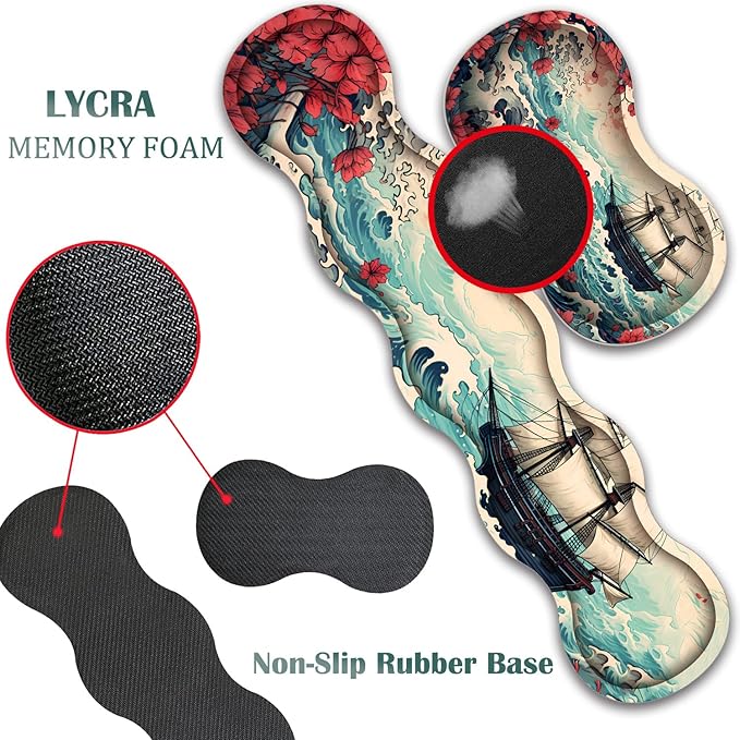 Mouse Pad Combo Large Gaming Mouse Pad + Keyboard Wrist Support + Mouse Wrist Rest + Coaster Table Pad 31.5 x 11.8 with Memory Foam Ergonomic Wrist Pad Set Pirate Ship Landscape Pattern