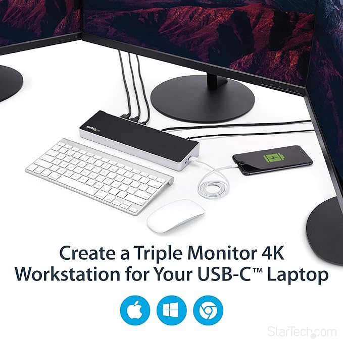StarTech.com USB-C Triple Monitor Docking Station for MacBook Pro / Air M1 M2 M3 M4 &amp Windows Universal 4K HDMI DP Dock Thunderbolt Compatible 60W Laptop Charging - TAA Black &amp Space Gray