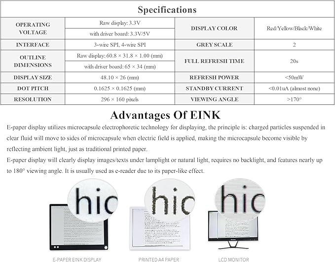2.15inch E-Paper Display Compatible with Raspberry Pi 5/4B/3B+/Zero/Zero W/Zero 2W/Pico/Pico W/Pico 2/Jetson Nano 296x160 Pixel E-Ink Display Red/Yellow/Black/White SPI Interface with Driver Board