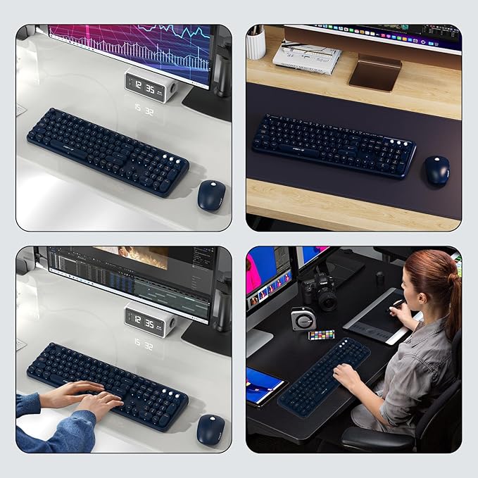 FOPETT Wireless Keyboard and Mouse Combo 104 Keys Full-Sized 2.4 GHz Round Keycap Colorful Keyboards USB Receiver Plug and Play for Windows Mac PC Laptop Desktop (DarkBlue)