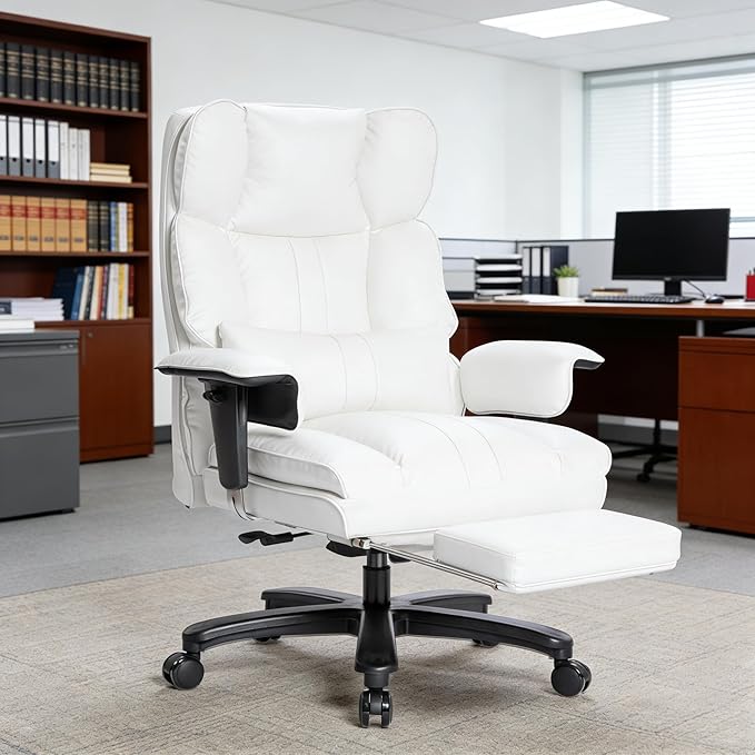 Big and Tall Office Chair400lbs High Back Leather Gaming Chair with FootrestLumbar SupportOutward Fixed Soft ArmrestsWide Ergonomic Desk Chair (White)