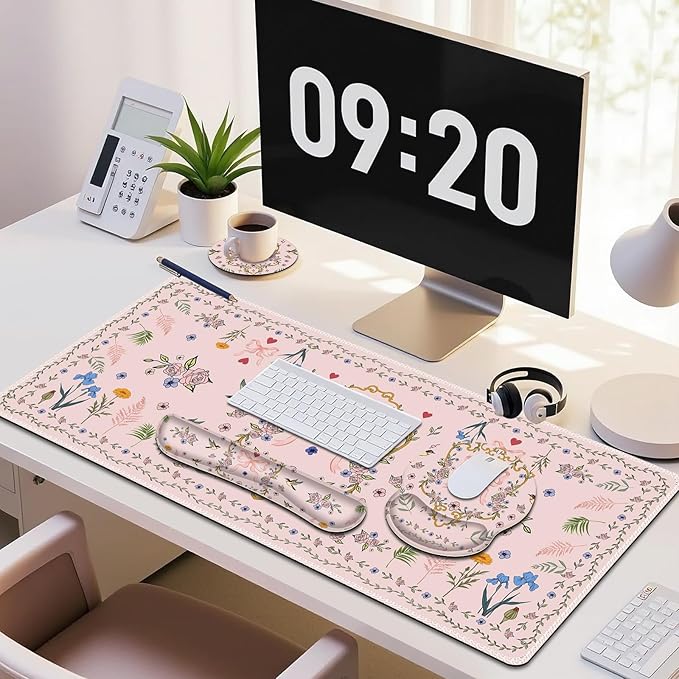 Romantic Pink Floral Mouse Pad XXL Large Desk Mat Extended Reading Desk pad 4PCS Non-Slip Rubber Base Computer Big Mousepads for Work Game Office Home Decor Gifts Accessories I Cute Collection