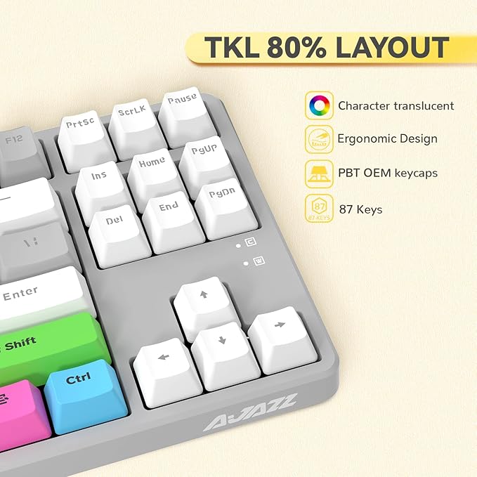 MAGIC-REFINER AK873 75% Wired Mechanical Gaming Keyboard with red SwitchHot-Swappable Keyboard with 8Pcs DIY Sublimation Color keycapsMixed Rainbow LED Backlit for PC Xbox PS4Mac (White Grey)