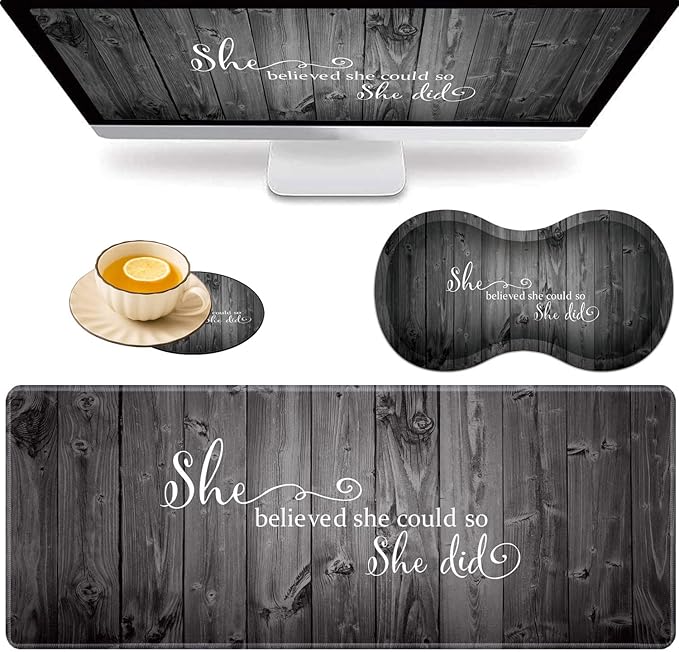 Large Game Mouse Pad + Wrist Support Pad + Coffee Coaster She Believed She CouldSo She Did Foldable Table Mat with Stitched Edge Non-Slip Set Pad Suitable for Office Work and Home