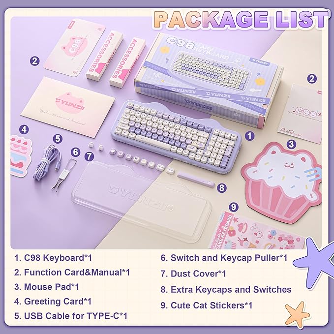 YUNZII C98 Wireless Mechanical Keyboard with Number Pad99 Key BT5.0/2.4G/USB-C Hot Swap Gasket Mount with PBT MOA KeycapsCustom RGBCute Cake Keyboard for Win/Mac (Purple Candy Linear Switch)