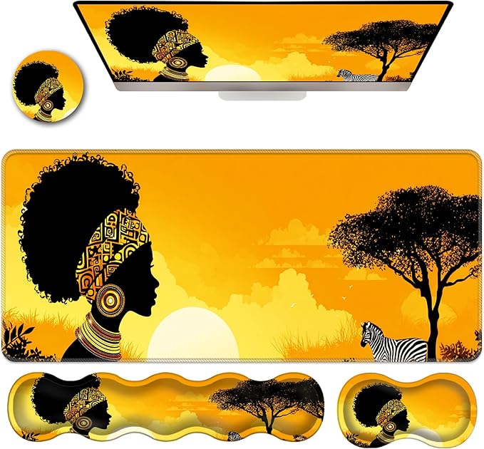 Ergonomic Keyboard Wrist Rest &amp Mouse Pad Wrist Rest SetXL Gaming Desk Mat 31.5x 11.8Non-Slip BaseMemory FoamEasy Typing Pain Relief for Office &amp HomeAfrican Woman Sunset Art
