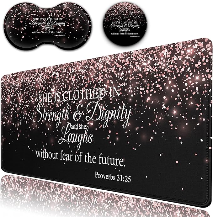 Desk Pad Extended Large Mouse Pad with Stitched Edges (31.5X11.8In) Ergonomic Mouse Wrist Rest Waterproof Computer Keyboard Mouse Mat Proverbs 31:25 Bible Rose Gold XXL Black Gaming Mouse Pad