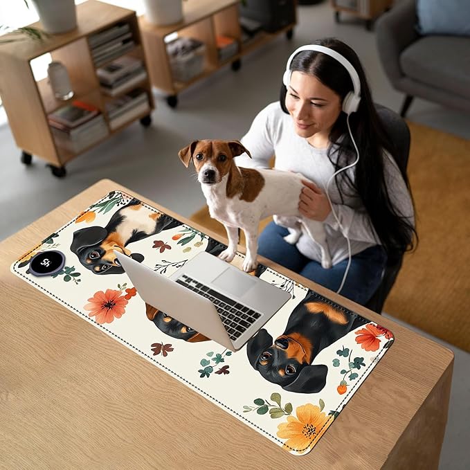 Heated Mouse Pad with 3 Temperature Settings(104°F–122°F)Large 31.5x13 Inch PU Leather Heated Desk MatWaterproof Warming Pad for OfficeGaming &amp Cold Hands ReliefDogs and Flowers