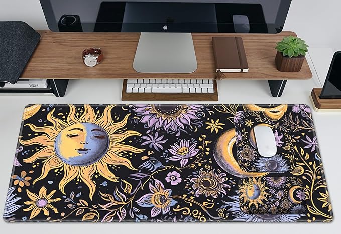 Wrist Rest Pad Small Mouse Pad and Office Desk Mat Set 3 in 1 Desk Pad 11.8 x 23.6+Mousepad +Mouse Wrist Rest with Ergonomic Design Non-Slip for Home Gaming Computer Purple Flower Sun