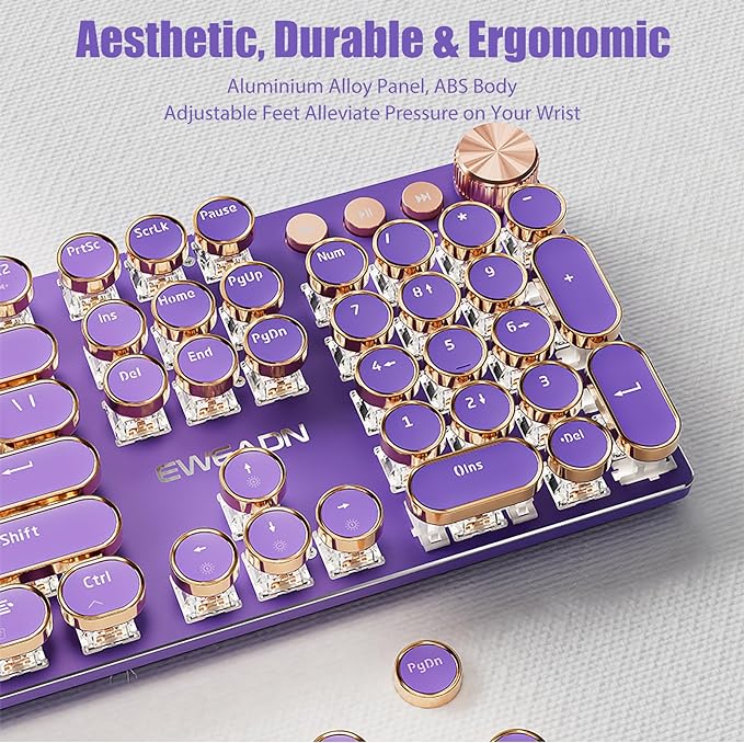 Typewriter Style Mechanical Gaming Keyboard White LED Backlit 104-Key NKRO Pink Switches Retro Round Keycaps Golden Ring Volume Knob Metal Panel Wired USB-C Detachable Cable Purple