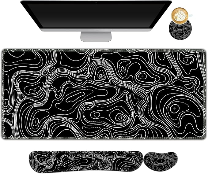 AIMSA Keyboard Mouse Pad Set Large Gaming Mouse Pad +Wrist Rest Mouse Pad +Keyboard Wrist Support +Coaster 35x15.7 inch Extended Desk Mat for Easy Typing Pain Relief (Black Topographic)