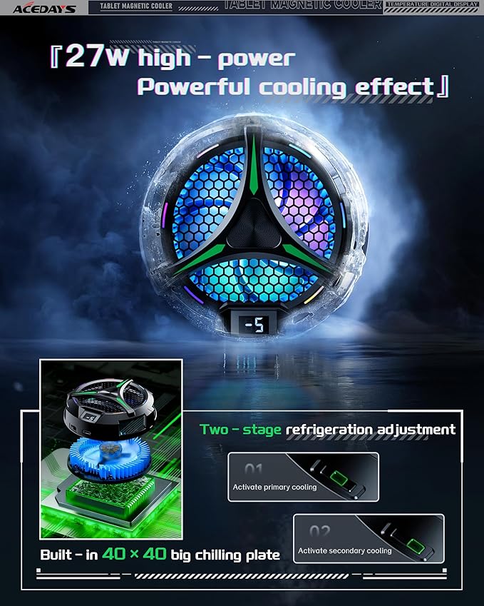 Magnetic Cooler for iPadTablet Cooler for ipad/Surface pro/Samsung TabUniversal Radiator with Temperature Display for Mobile GamingTiktok Live Streaming (Green Mech)