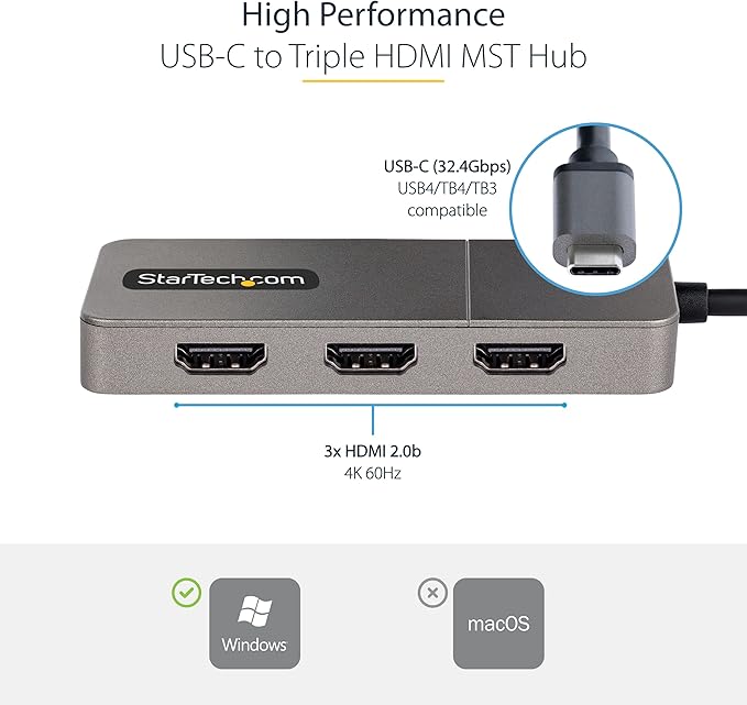 StarTech.com 3-Port USB-C Multi-Monitor Adapter USB Type-C to 3x HDMI MST Hub Triple 4K 60Hz HDMI Laptop Display Extender / Splitter HDR Extra-Long Built-In Cable Windows (MST14CD123HD)