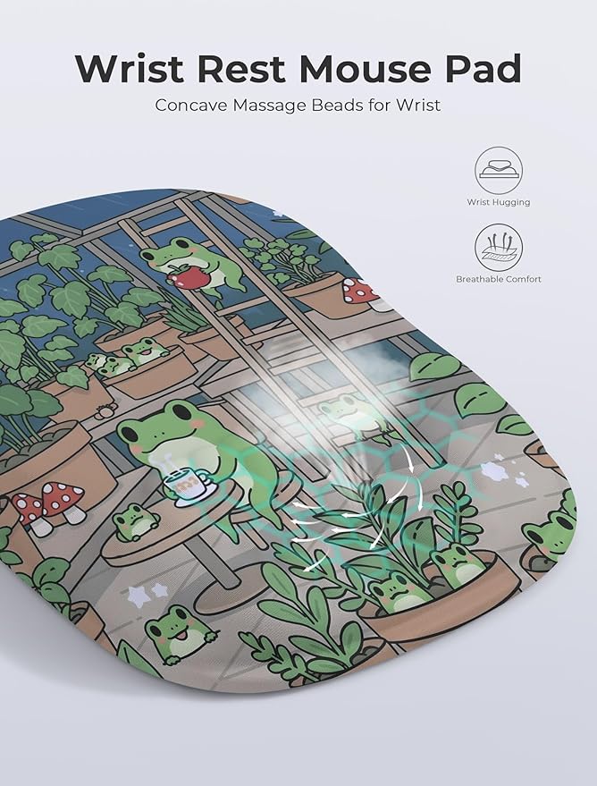 Kawaii Frog Ergonomic Mouse Pad for Carpal Tunnel Pain Relief 65% Usable Mouse Area in Compact Size Memory Foam Concave Wrist Rest for Office PC Gaming