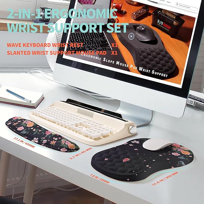2-in-1 Ergonomic Set Wave Rise Keyboard Wrist Rest and Massage Bulge Slope Mouse Pad Wrist Support Cushion Memory Foam Integrated to Relieve Wrist Pain Flower Dance