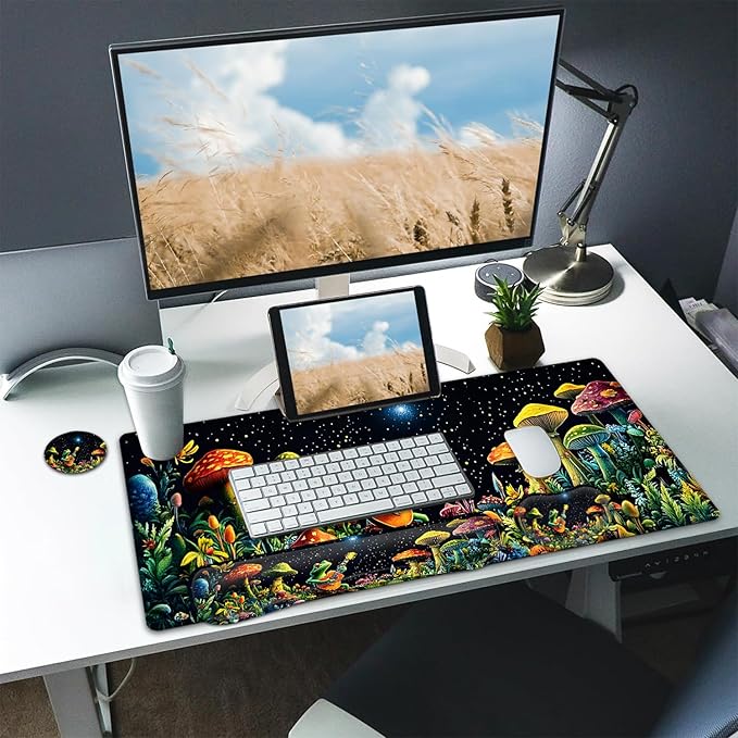 Large Mouse pad and Keyboard Support Set Ergonomic Memory Foam Keyboard Wrist Rest Extended Gaming Mouse Pad with Stitched Edges Night Moon Mushroom Guitar Frog XXL Desk Mat