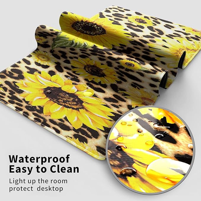 3 in 1 Full Desk Mouse Pad and Keyboard Wrist Rest Set Extended Gaming Mouse Pad + Ergonomic Keyboard and Mouse Mat with Soft Memory Foam Wrist Support for Office Home Sunflowers with Leopard Print