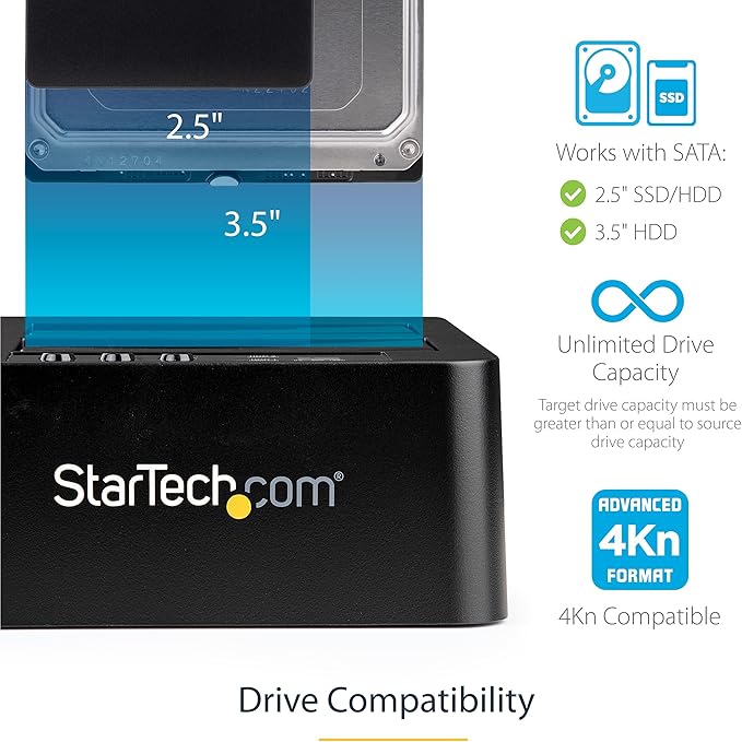StarTech.com Standalone Hard Drive Duplicator External Dual Bay HDD/SSD Cloner/Copier USB to SATA III Docking Station