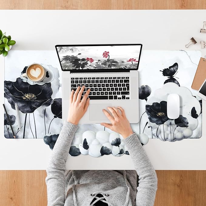 Conmputer Desk Mat Set 4 in 1 Cloud-Shaped Ergonomic Wrist Rest Set Mouse Pad with Non-Slip Base Memory Foam Silicone Lining Keyboard Wrist Rest Computers Offices Gaming Ink Wash Lotus