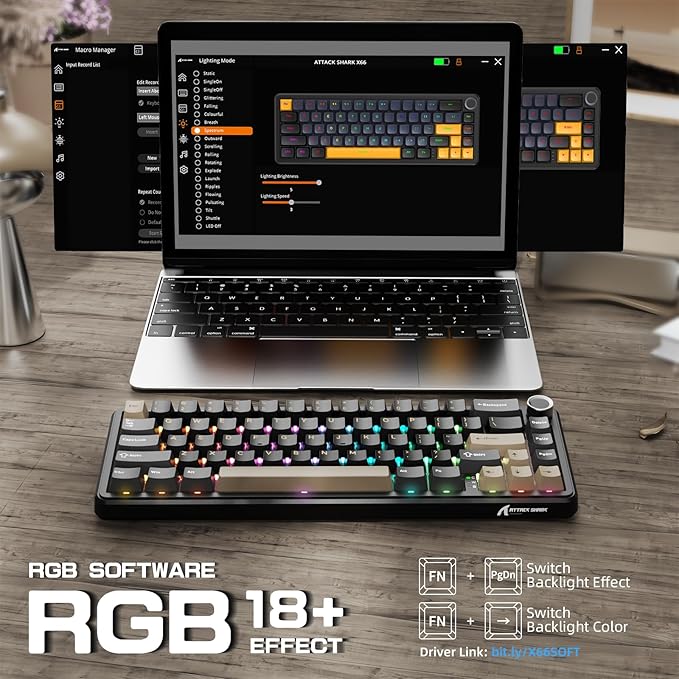 ATTACK SHARK X66 60% Wireless Mechanical Gaming Keyboard with Volume Knob Gasket Hot Swappable Custom Keyboard PBT Keycaps Tri-Mode USB-C/BT5.0/2.4G RGB with Coiled Cable - Star Black