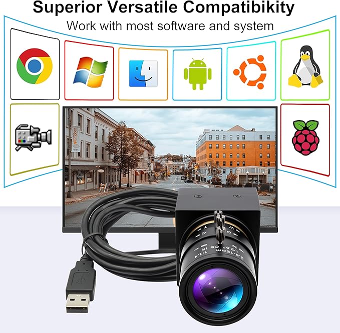 8MP USB Camera Manual Focus Webcam with 2.8-12mm Varifocal Lens UHD 3264×2448 IMX179 Sensor Supports OPENCV Windows/Linux/Android/Raspberry Pi for Machine Vision