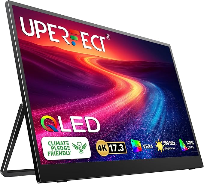 UPERFECT 17.3'' 4K Portable Monitor QLED 500 Nits 100% DCI-P3 UHD FreeSync HDR 2 Speakers Eye Care Travel Monitor 2 Fully Functional Type-C Port &amp HDMI for Laptop PC Phone VESA &amp Stand