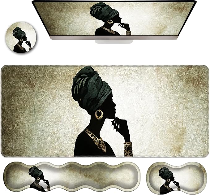 Ergonomic Keyboard Wrist Rest &amp Mouse Pad Wrist Rest SetXL Gaming Desk Mat 31.5x 11.8Non-Slip BaseMemory FoamEasy Typing Pain Relief for Office &amp HomeAfrican Woman Silhouette