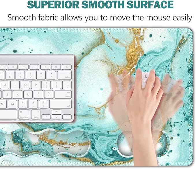 Upgraded Large Gaming Mouse Pad Keyboard Wrist Rest Pad Wrist Support Mousepad Set Artso Rubber Base Stitched Edges Multifunctional Desk Pad (35 x15.5 in) for Office Home Teal Turqoise Marble