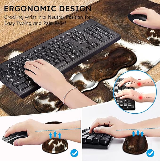 Gaming Mouse Pad XXL Large Desk Cute Mat Brown Cowhide Extended Mousepad Ergonomic Memory Foam Keyboard Wrist Rest Stitched Edges Desk Pad(31.5x11.8 in) Extended Large Mousepads