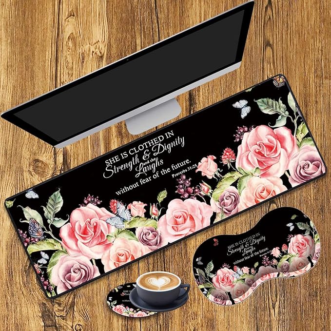 Desk Pad Gaming Mouse Pad + Wrist Rest Support Pad + Coaster 31.5 × 11.8 Durable Non-Slip Extended Computer Mouse Pad Suitable for Office and Home Bible Verses Proverbs 31:25