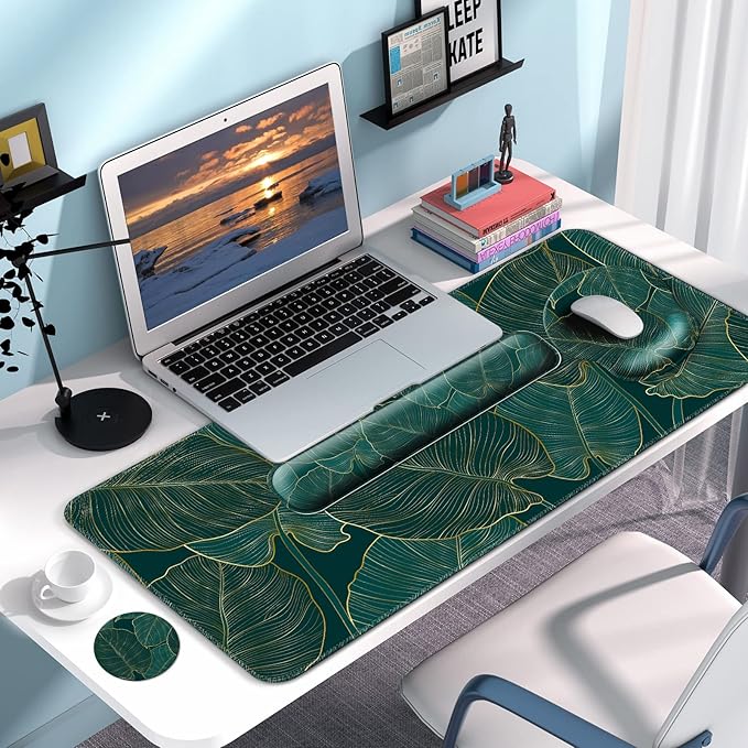 Mouse Pad + Desk Mat + Keyboard Wrist Rest + Coaster 4 in 1 Set Cute Ergonomic Large Gaming Mousepad with Wrist Rest Support Desk Pad for Computer Laptop Office Home Decor-Leaves 2