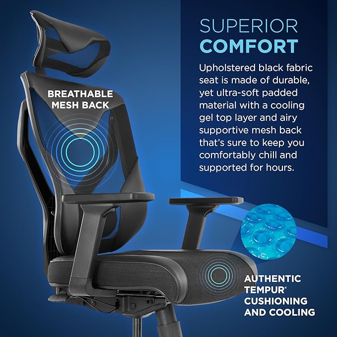 Tempur-Pedic Blaze Auto-Adaptive Ergonomic Gaming Chair with Lumbar Support and 3D Armrest Adjustment Cooling Racing Style Gaming Chair Black