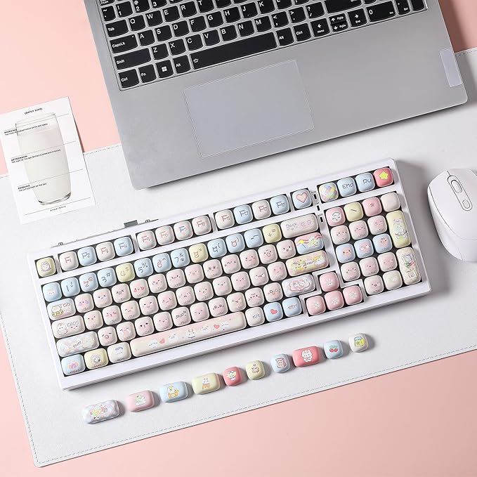 YUNZII Cute Pink Kitten Custom Keycaps 141 Keys Dye Sub PBT MOG Profile Keycap Set for Mechanical Gaming Keyboards (Pink Kitten)