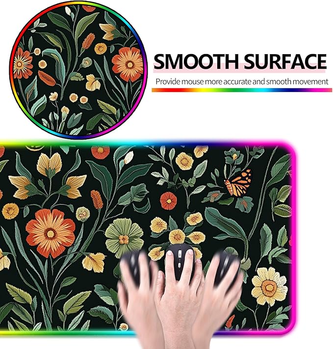 RGB Floral Gaming Desk Mat Computer Keyboard Large Extended Long Flower Plants LED Mouse Pad for Office and Home XL (W19)