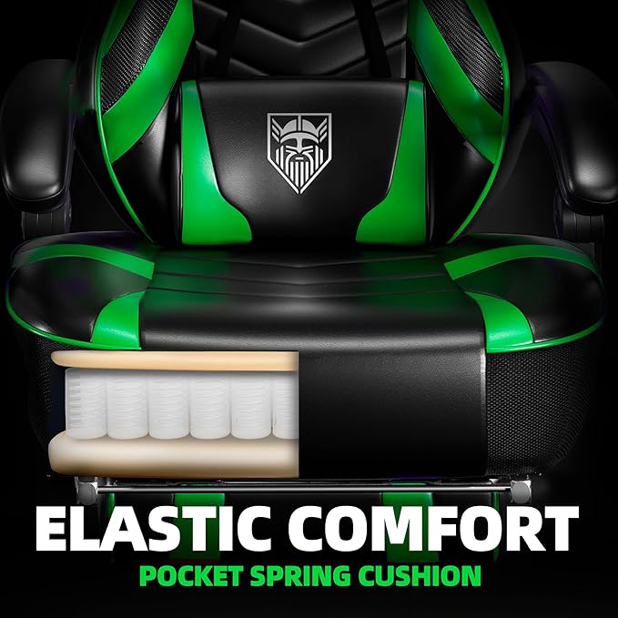 Vonesse Gaming Chair Big and Tall Gaming Chair with Footrest and Massage Gaming Chairs for Adults with Lumbar Support Ergonomic High Back Computer Chair with Pocket Spring Cushion (Green/Black)