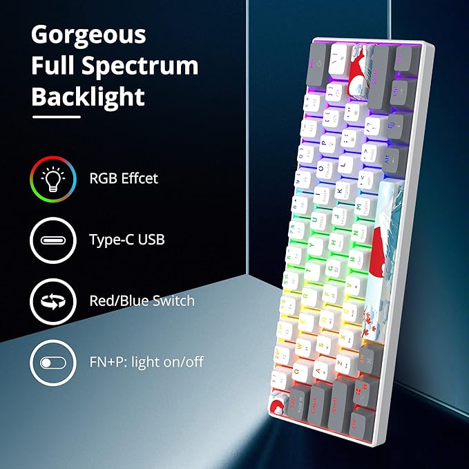 60% Mechanical Keyboard 61-Key Wired Gaming Keyboard with Red Switch RGB Lighting Effect PBT Keycaps Ultra-Compact Mini Keyboard Suitable for Win/Mac(61 White)