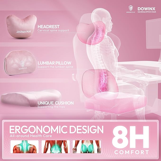 Dowinx Fabric Gaming Chair with Heated Massage Lumbar Support Gaming Chairs for Adults Big and Tall Gamer Chair with Pocket Spring Cushion and Footrest Ergonomic Recliner Computer Chair Pink