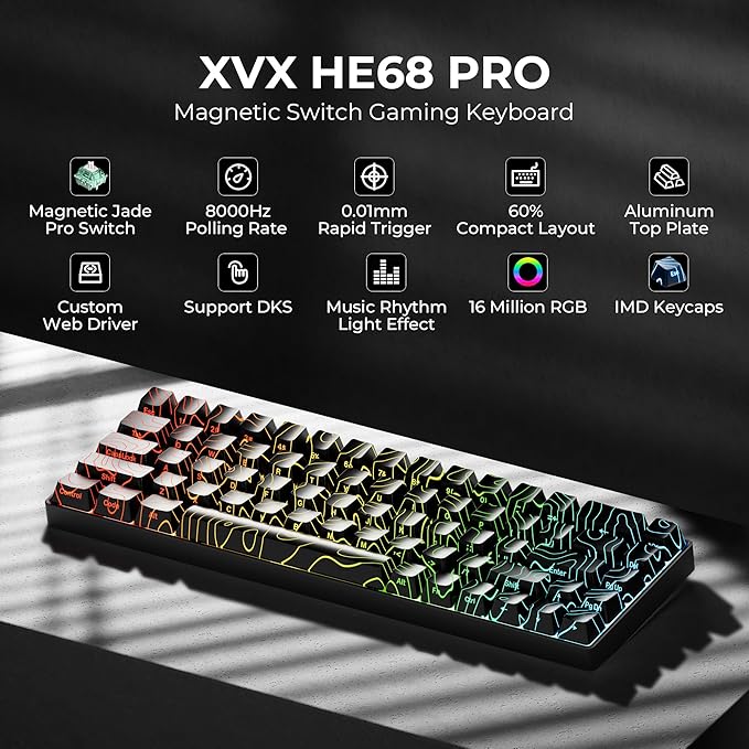 x XVX HE68 Pro Rapid Trigger Keyboard 60% PercentHall Effect Keyboard with Gateron Magnetic Jade Pro SwitchCNC Aluminum Frame Topographic Custom Mechanical Key Board for PC/Laptop/Xbox/PS4/PS5Black